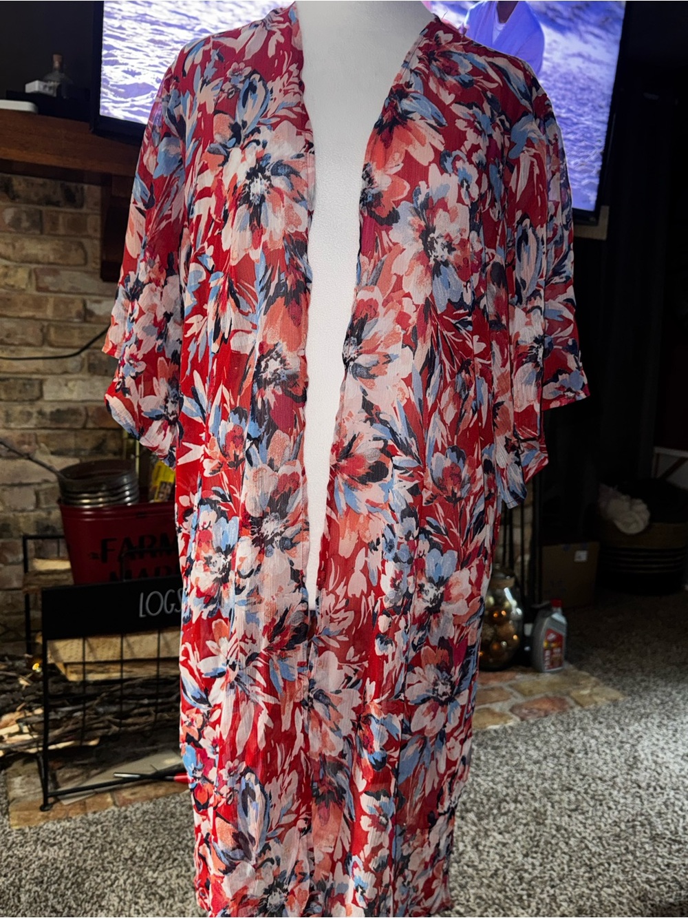 Maurices Red, Blue & Coral Floral Lightweight Kimono
